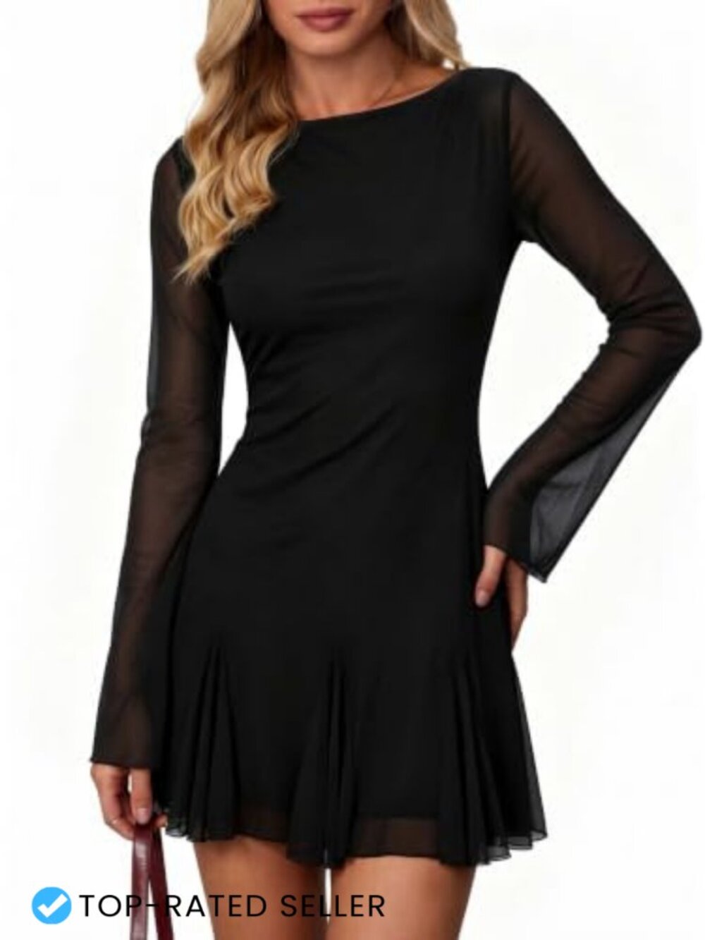 Y2K Mesh Boat Neck Long Sleeve Backless Mini Dress